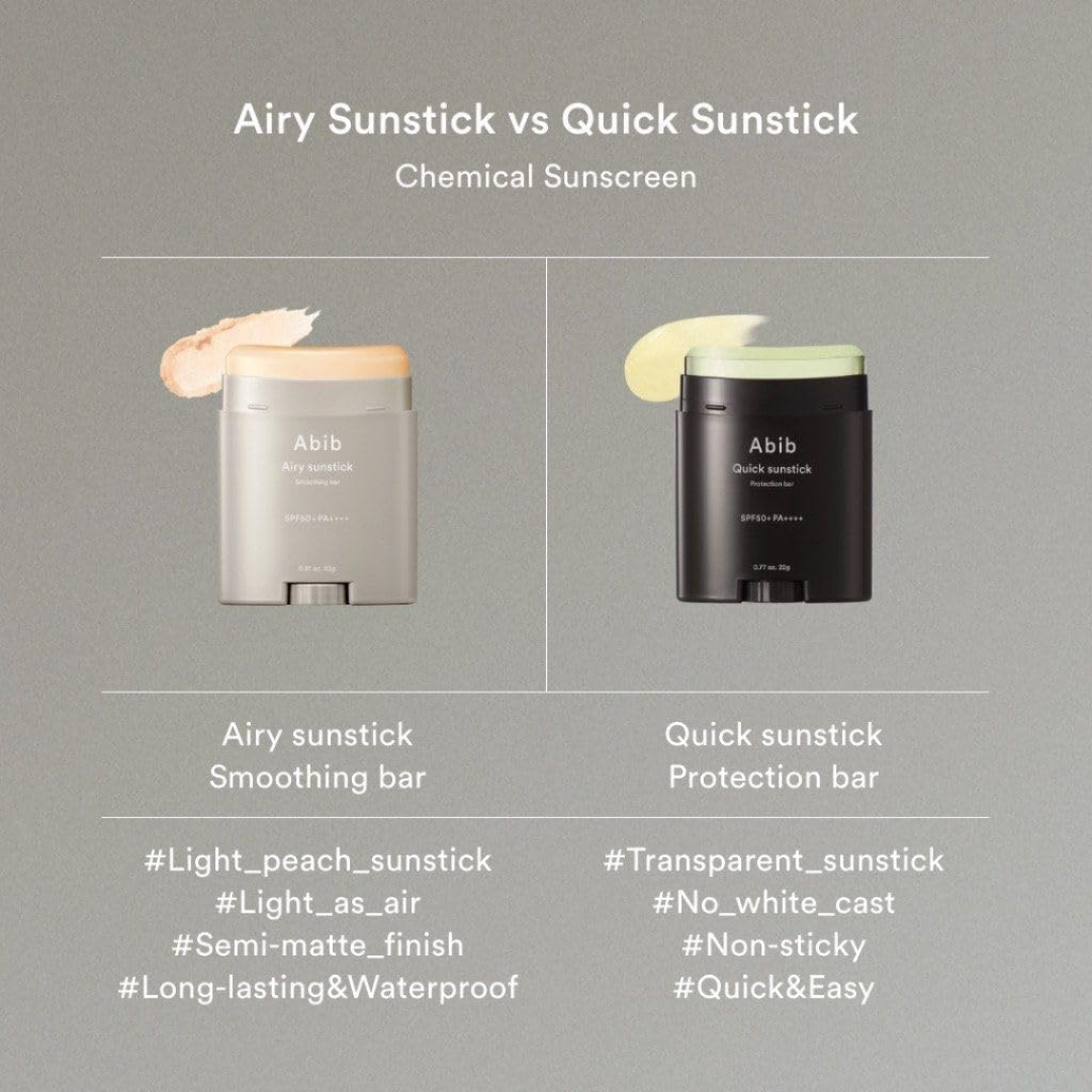 Comparison chart of Abib Airy Sunstick Smoothing Bar SPF50+ PA++++ and Quick Sunstick with product images and features.