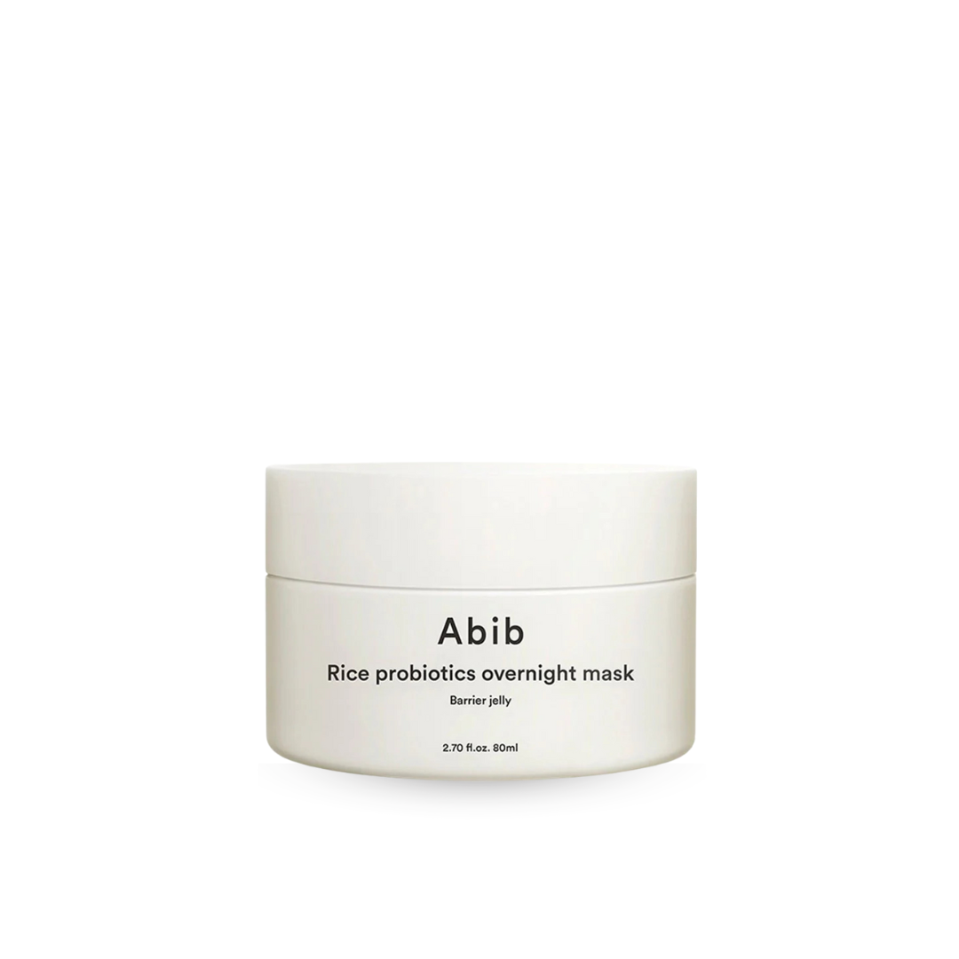 White jar of Abib rice probiotics overnight mask on a white background