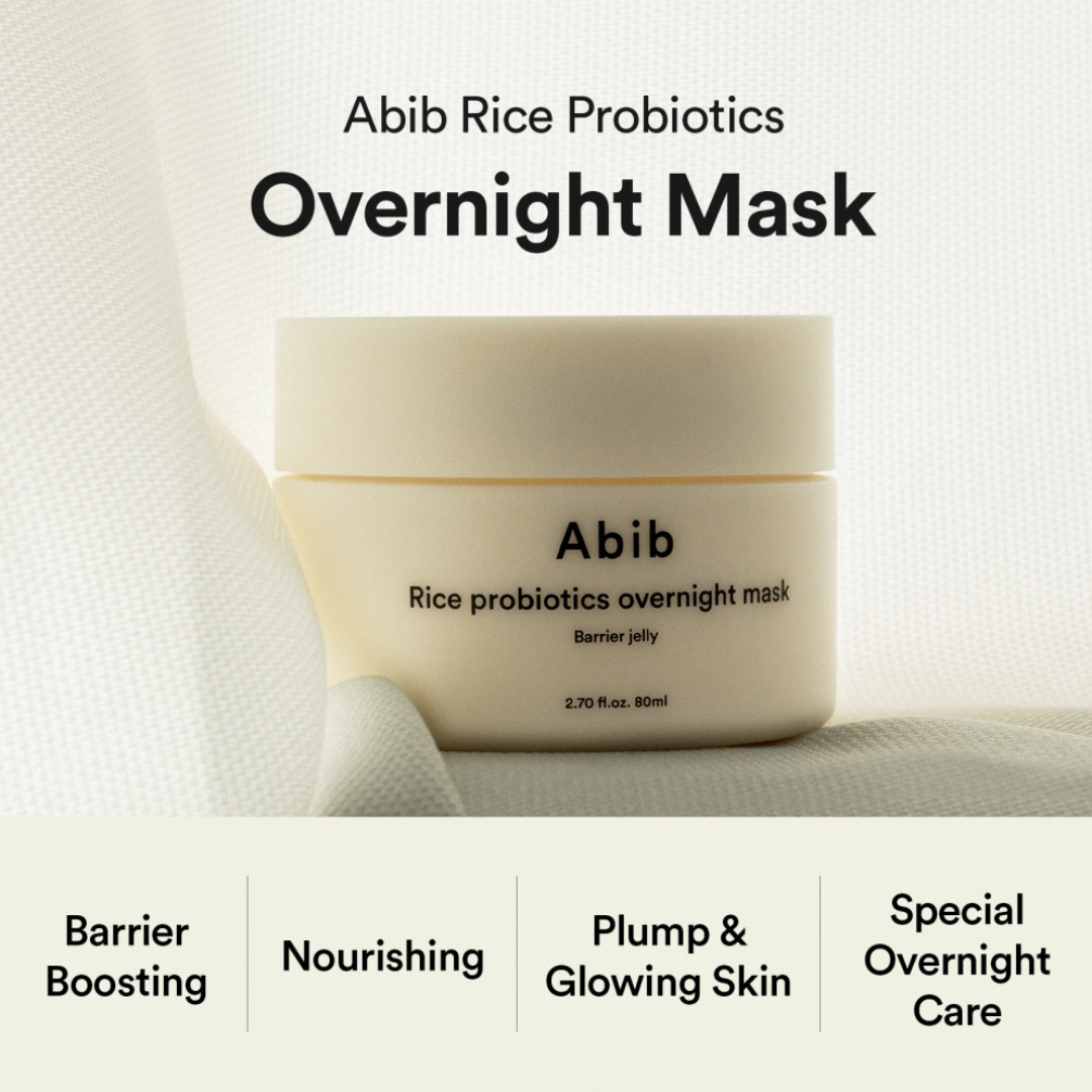 Abib Rice Probiotics Overnight Mask jar on a white background with text about the product benefits