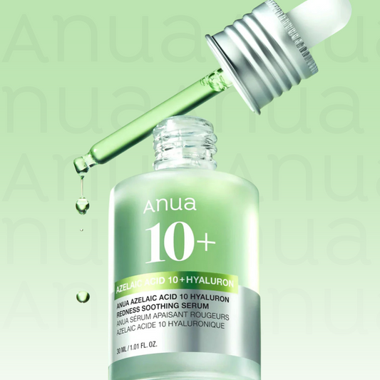Anua Azelaic Acid 10 Hyaluron Redness Soothing Serum serum bottle with dropper on a green background