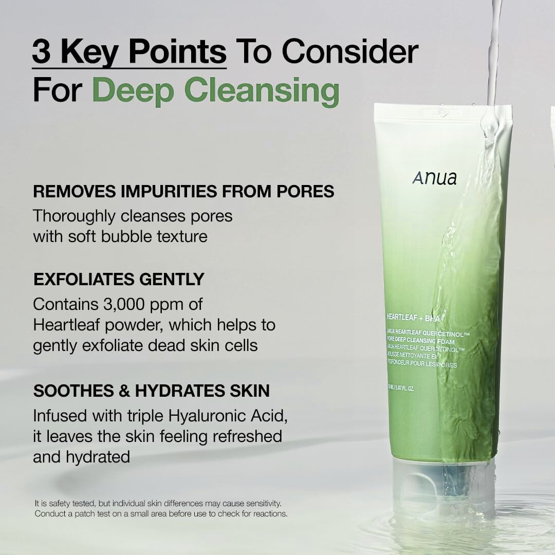 Anua Heartleaf Quercetinol Pore Deep Cleansing Foam with text on deep cleansing benefits on a light gray background