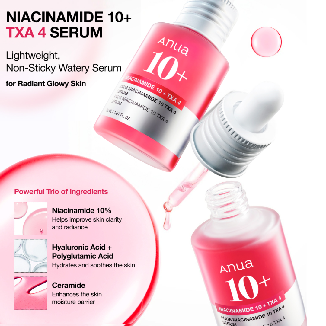 Anua Niacinamide 10% + TXA 4% Serum bottles with ingredient highlight text