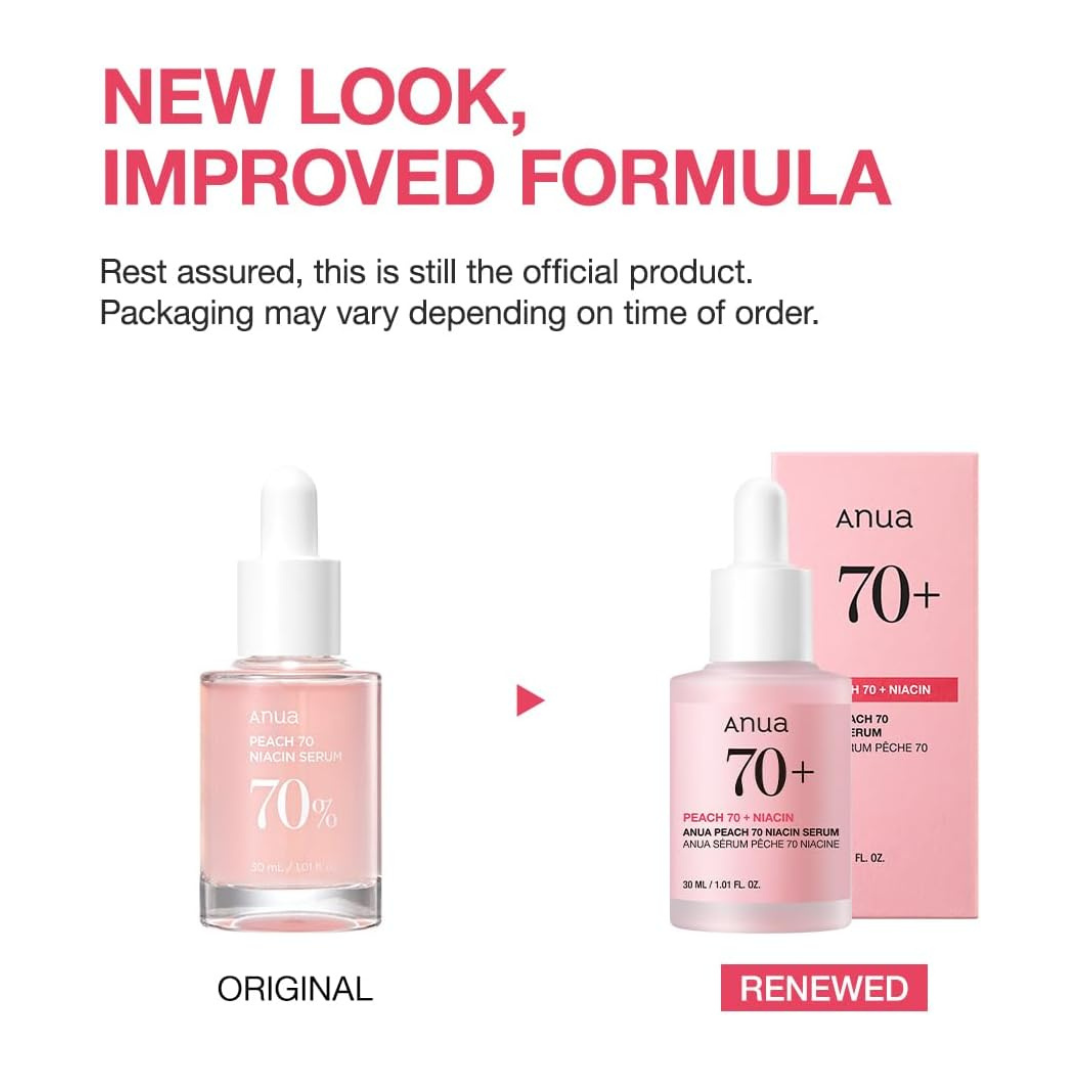 Anua Peach 70 Niacin Serum with 'New Look, Improved Formula' text on a white background