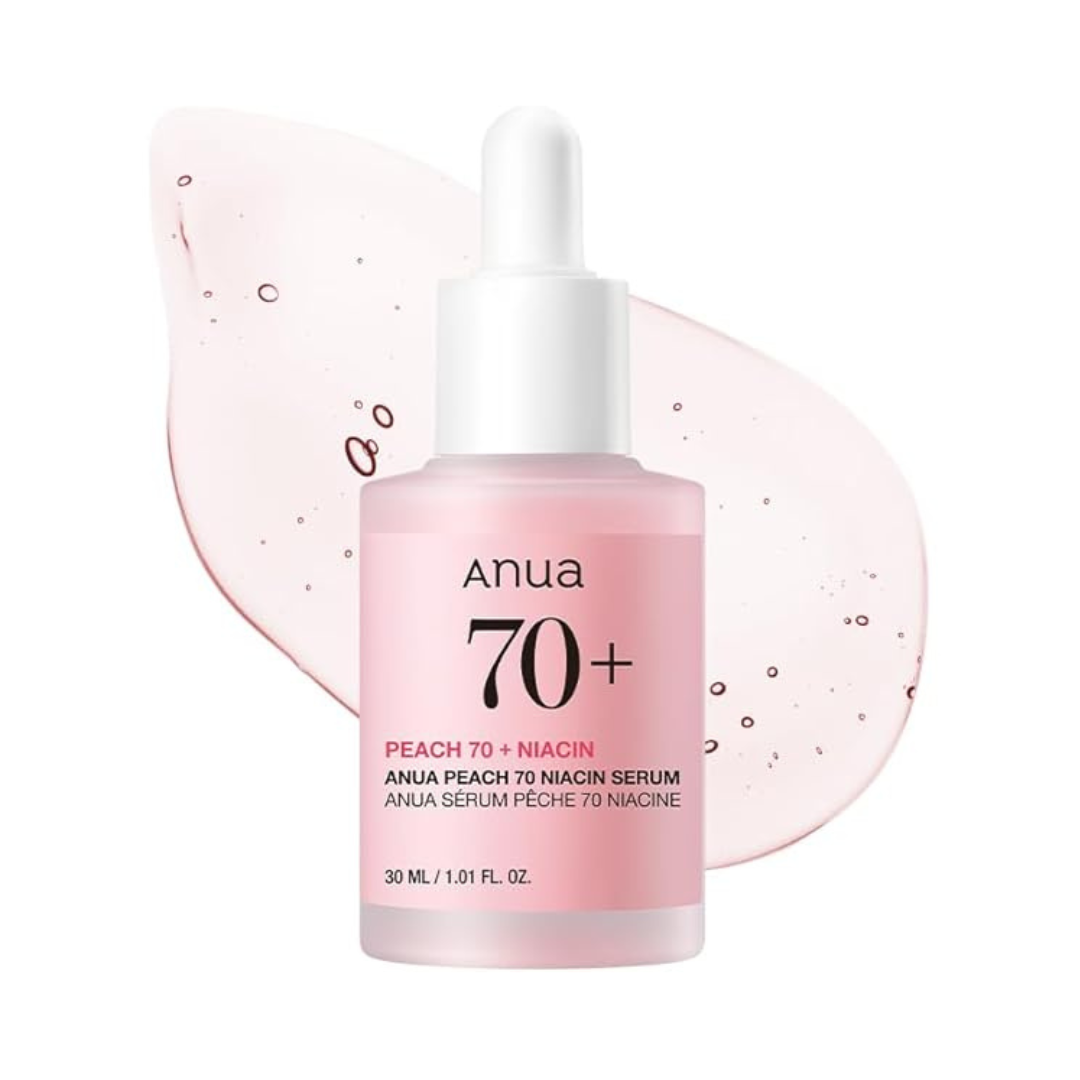 Anua Peach 70 + Niacin serum bottle with dropper on a white background