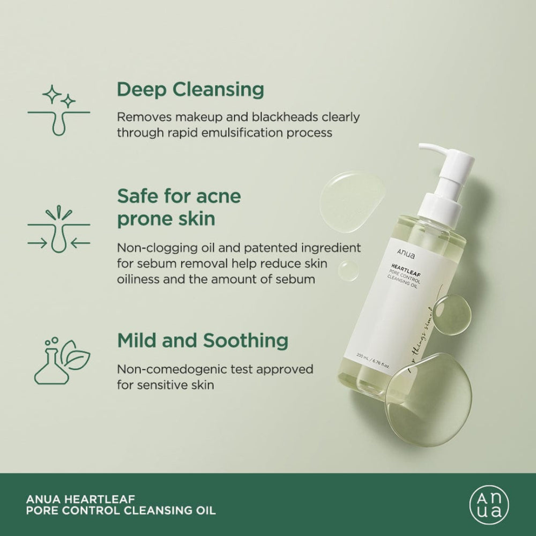 Anua Heartleaf Pore Control Cleansing Oil with product features on a green background
