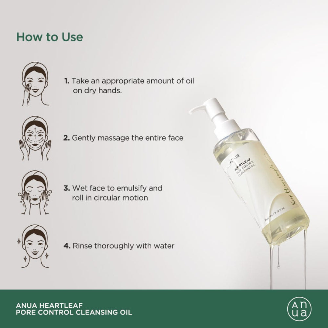 Instructions on how to use Anua Heartleaf Pore Control Cleansing Oil with a bottle of Anua Heartleaf Pore Control Cleansing Oil.