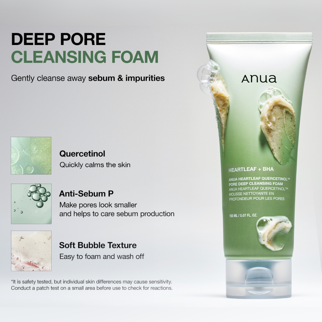 Anua Heartleaf Quercetinol Pore Deep Cleansing Foam with ingredient details on a grey brakground