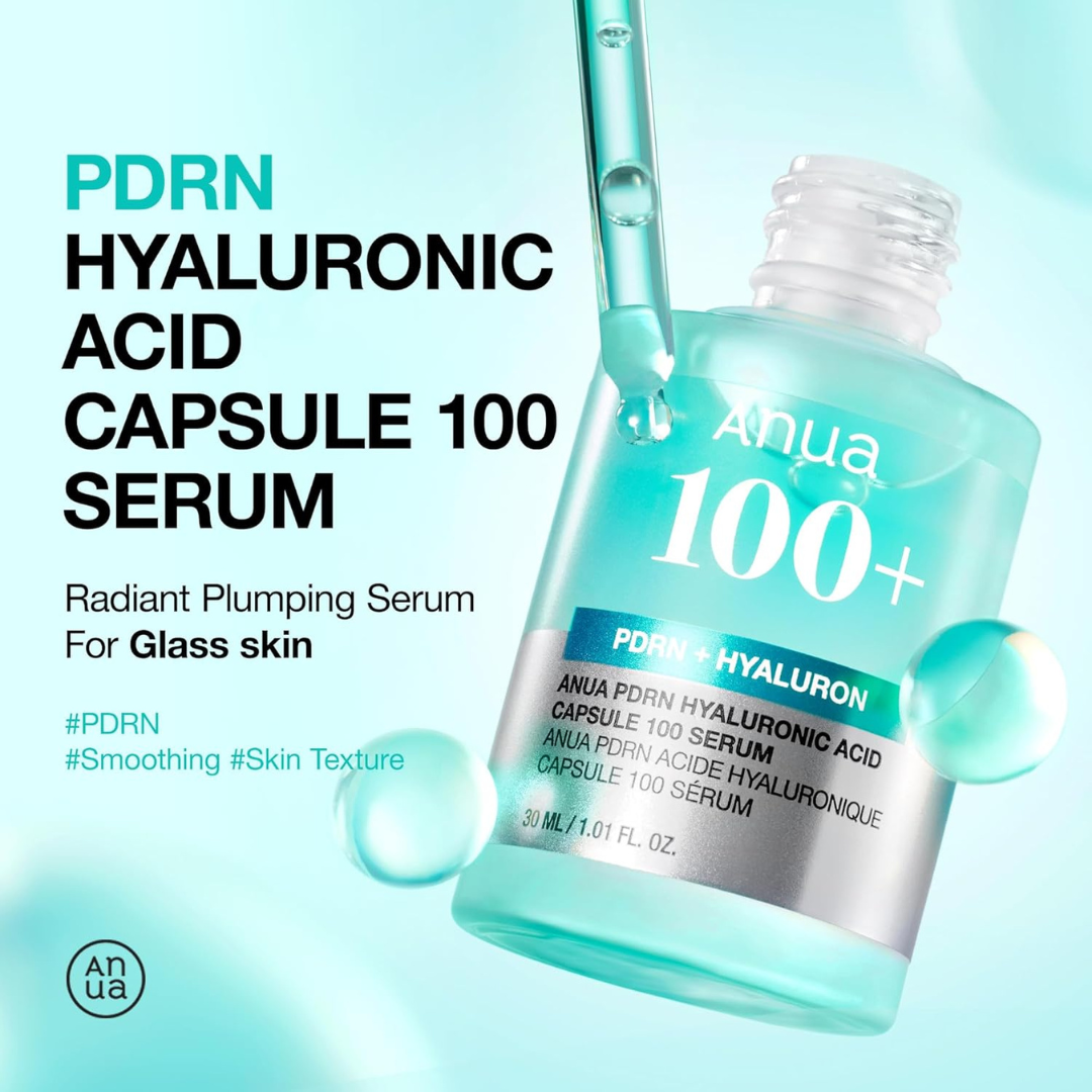 Anua PDRN Hyaluronic Acid Capsule 100 Serum bottle with text on a light blue background