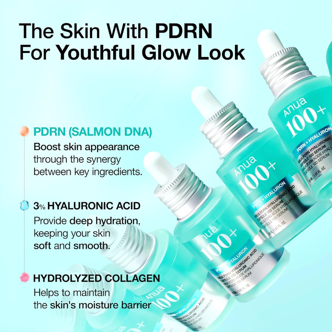 Anua PDRN Hyaluronic Acid Capsule 100 Serum dropper bottles with product features and hero ingredients on a light blue background