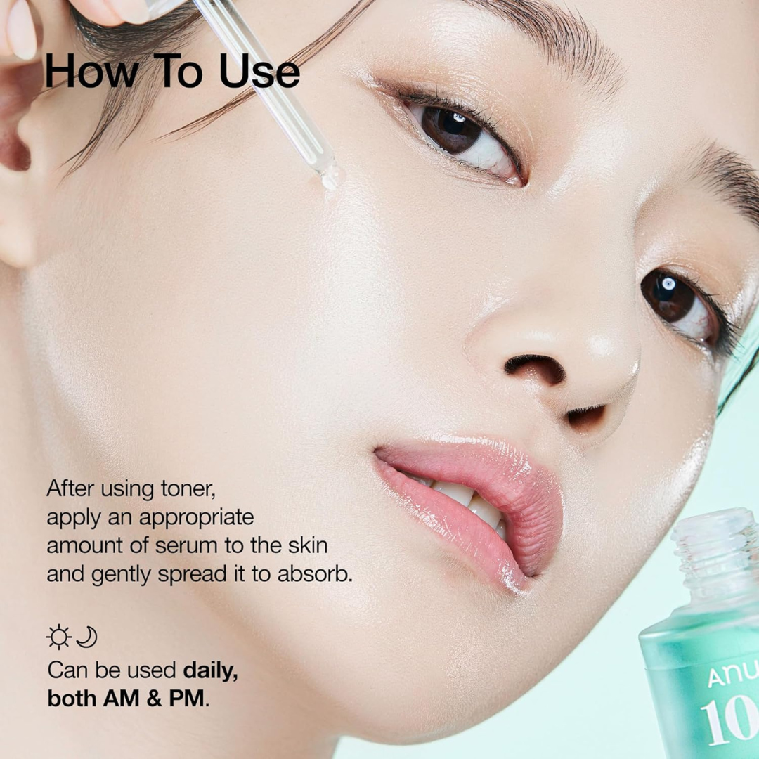 Cosmetic serum application guide with a close-up of a woman's face and a bottle of serum. Anua PDRN Hyaluronic Acid Capsule 100 Serum
