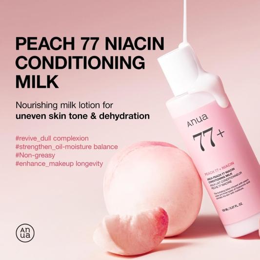 Anua Peach 77 Niacin Conditioning Milk bottle with peach and pink background and text stating it is suitable for uneven skin tone and dehydration