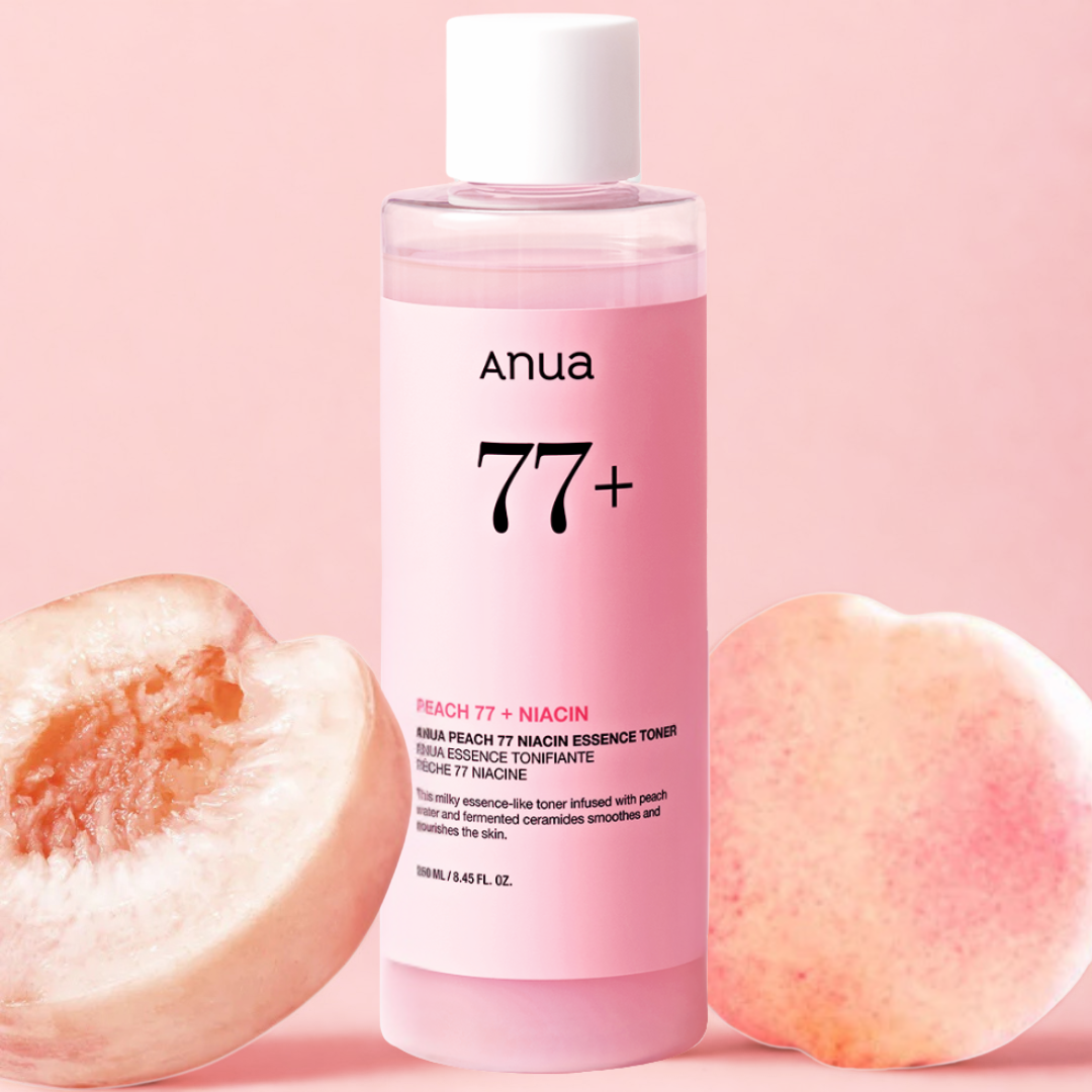 Anua Peach 77+ Niacin Essence Toner with peaches on a pink background