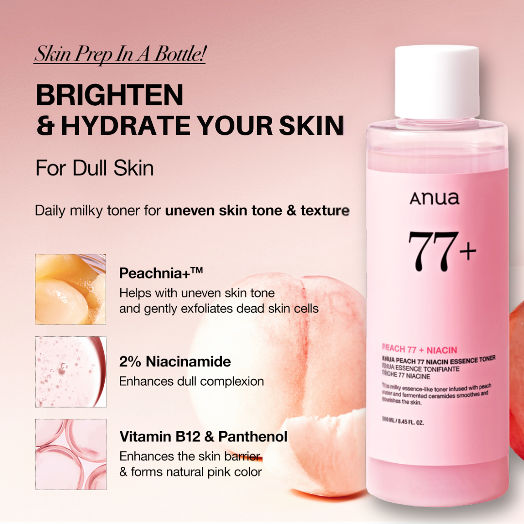Anua Peach 77+ Niacin Essence Toner with text about ingredients and skin type on a pink background