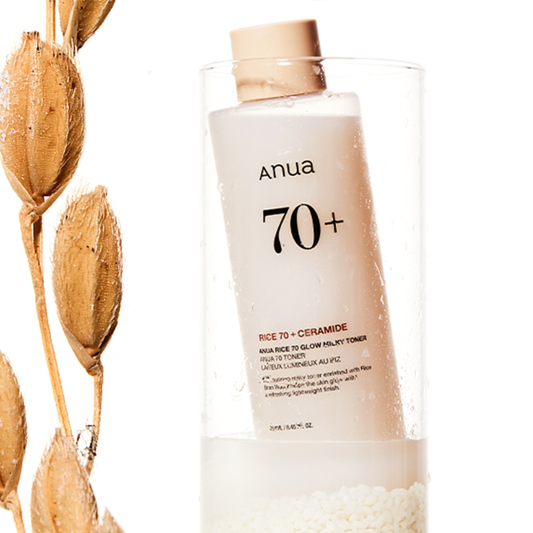 Anua Rice 70 Glow Milky Toner with rice 70+ and ceramide on a white background