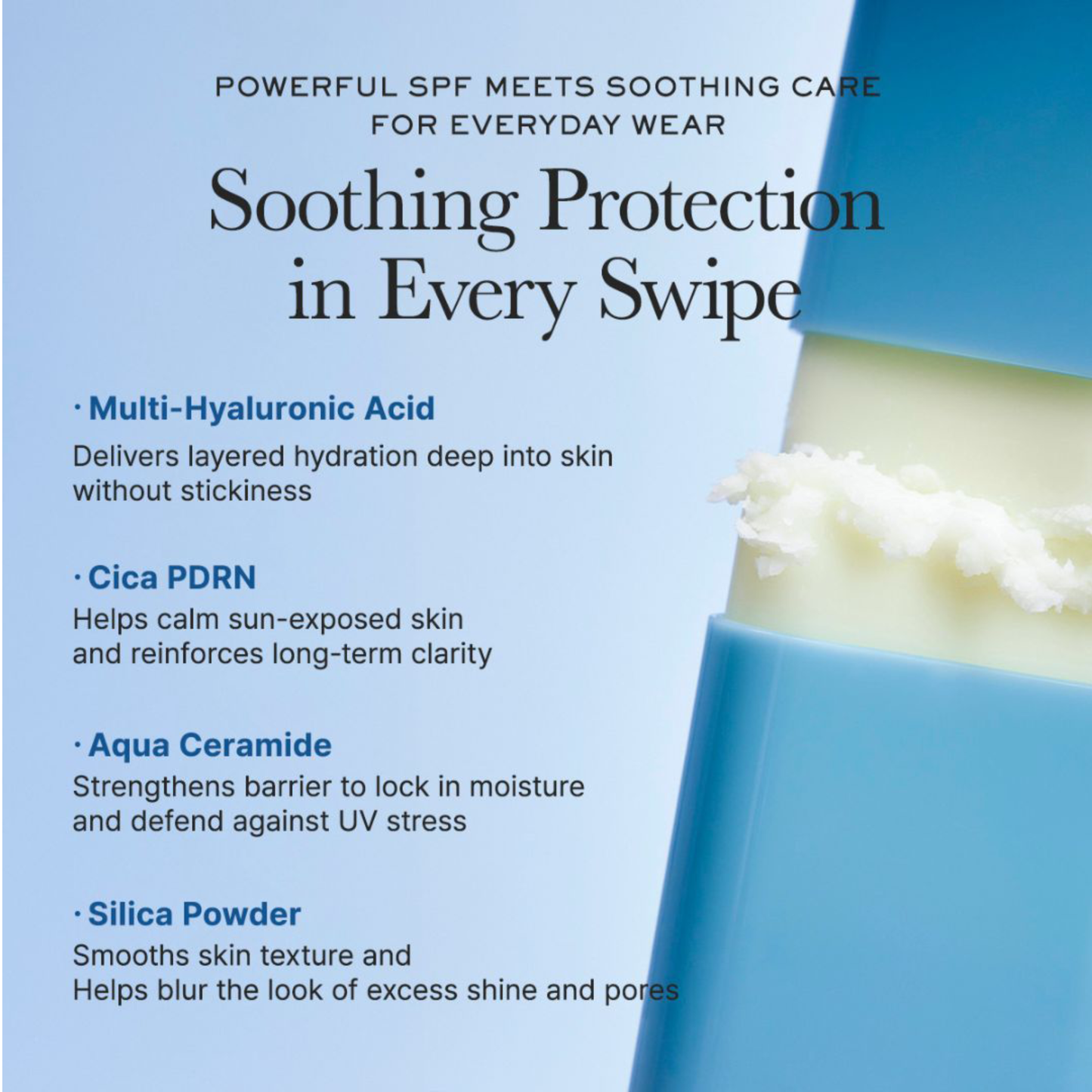 Close up of Arencia Cloud Sun Stick with text about soothing protection and key ingredients on a light blue background