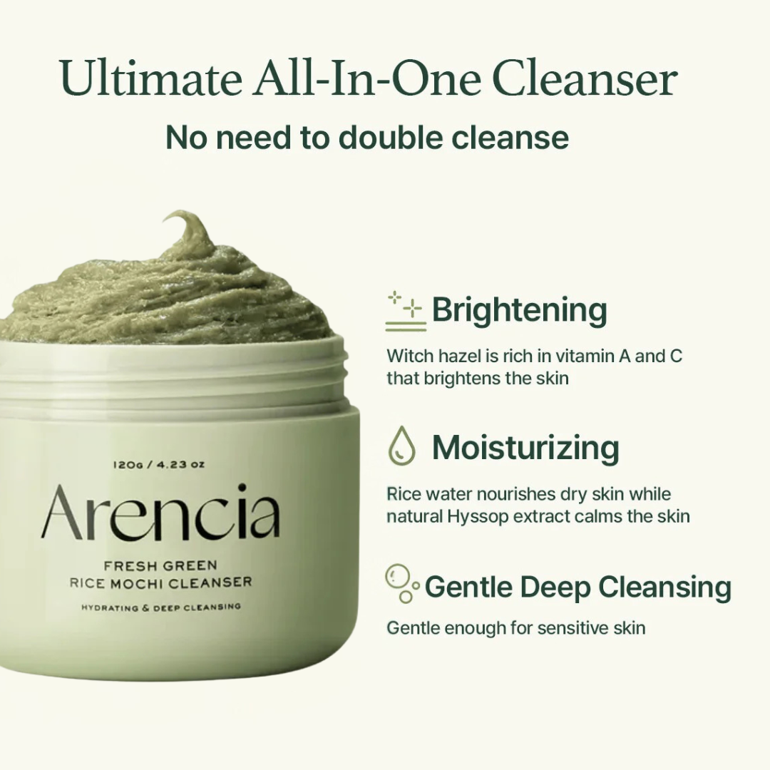 Arencia Fresh Green Rice Mochi Cleanser with product features on a white background