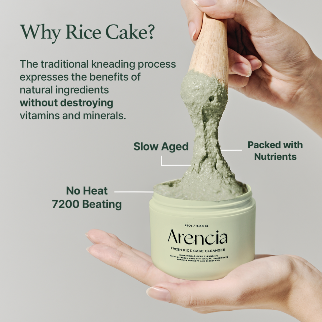 Arencia rice cake cleanser with text explaining benefits on a gray background