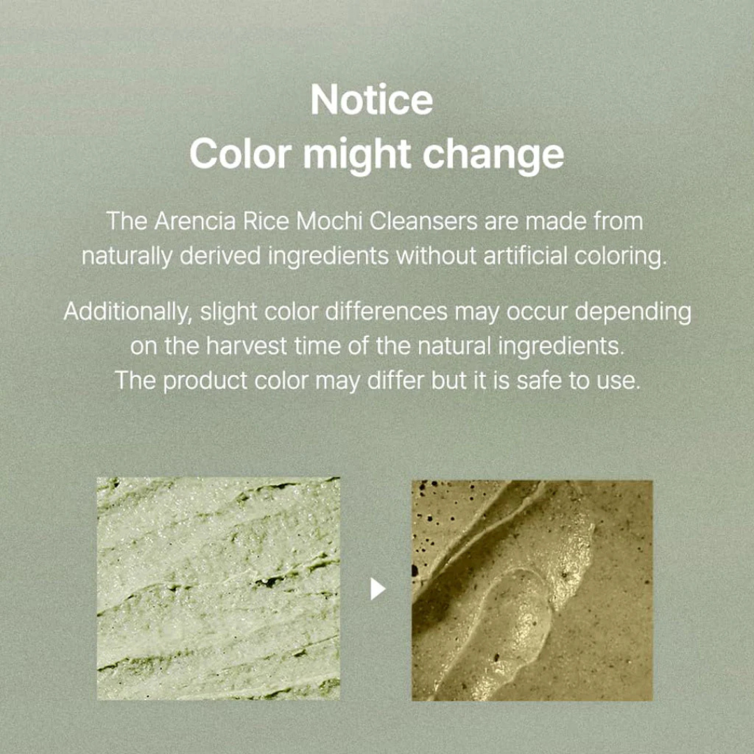 Text notice about color variations in Arencia Rice Mochi Cleansers on a light green background.