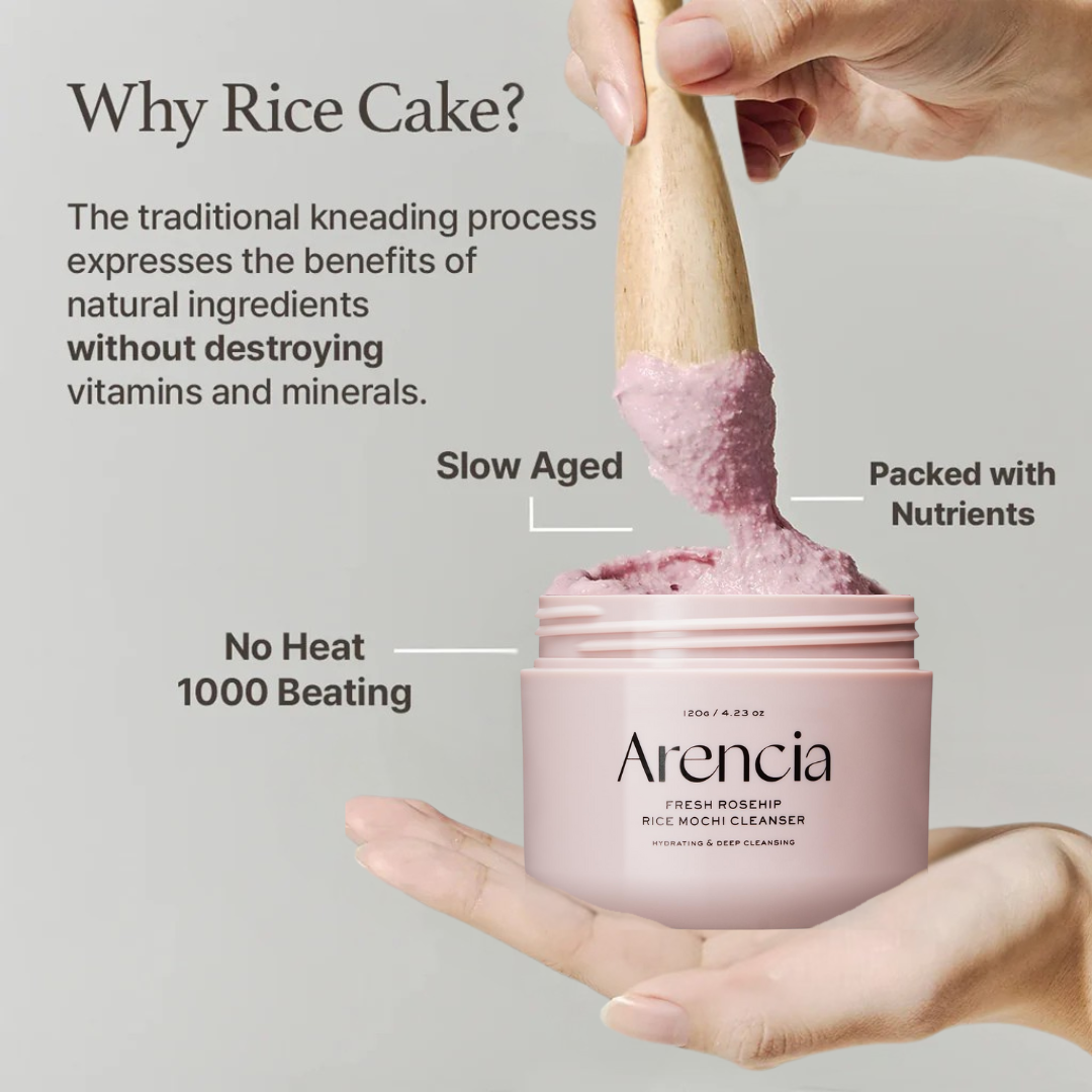 Arencia rice cake cleanser with text explaining benefits on a gray background