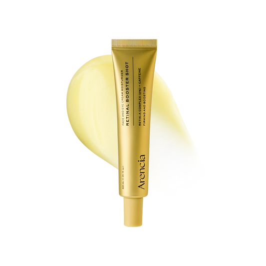 Gold tube of Arencia Retinal Booster Shot on a white background