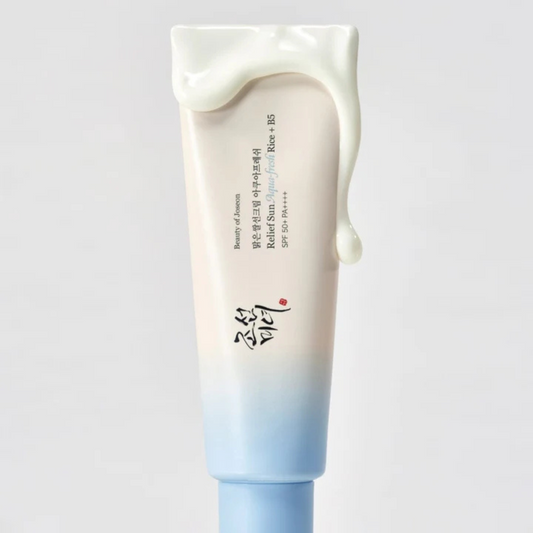 Sunscreen tube labeled 'Relief Sun' with rice and probiotics on a light gray background. Beauty of Joseon Relief Sun Aqua-Fresh: Rice + B5 SPF50+ PA++++