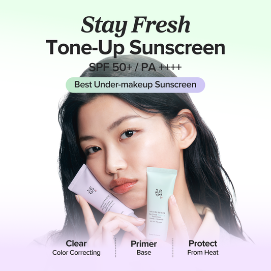 Information on the Beauty of Joseon Stay Fresh Tone-Up Sunscreen with a woman holding both the green and purple sunscreen products and text about its SPF50+ PA++++ protection and being a great base under make-up