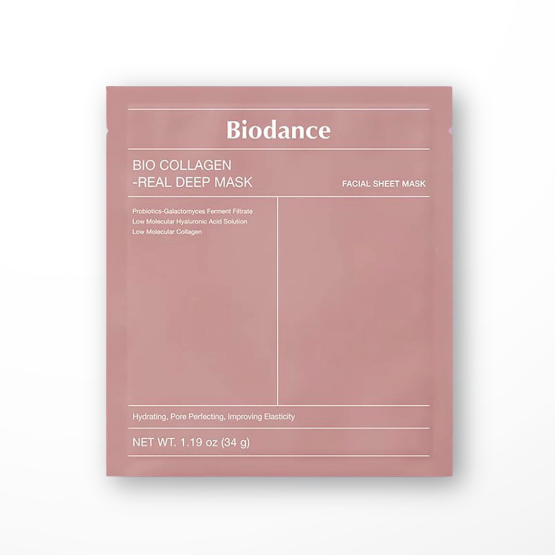 Packaging of Biodance Bio-Collagen Real Deep Mask featuring product information and branding