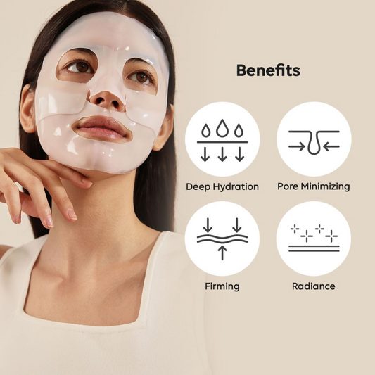 Woman wearing Biodance Bio‑Collagen Real Deep Mask with benefits listed on a beige background