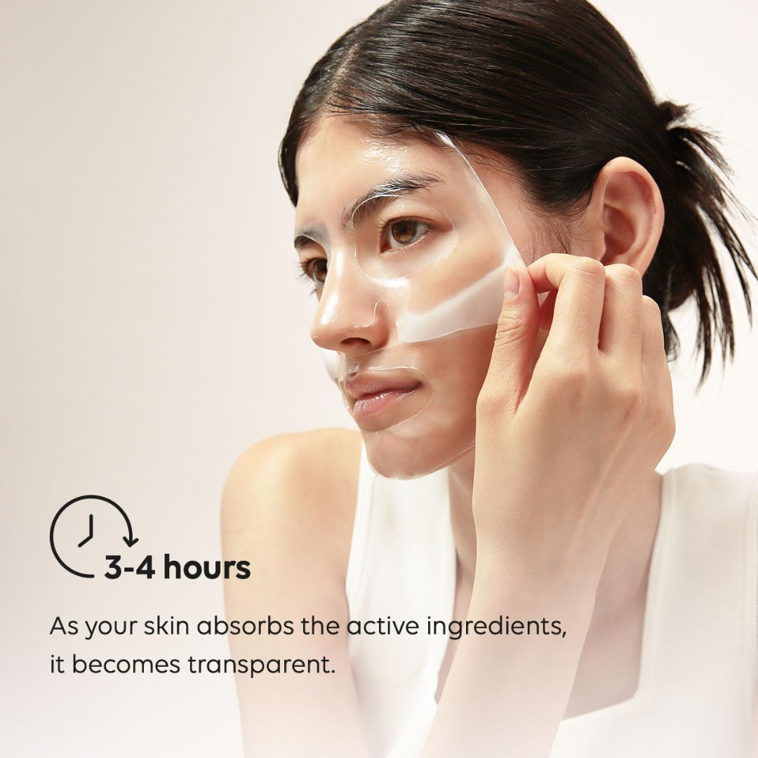 Woman applying Biodance Bio‑Collagen Real Deep Mask to her face with text about how log the mask takes to become clear.
