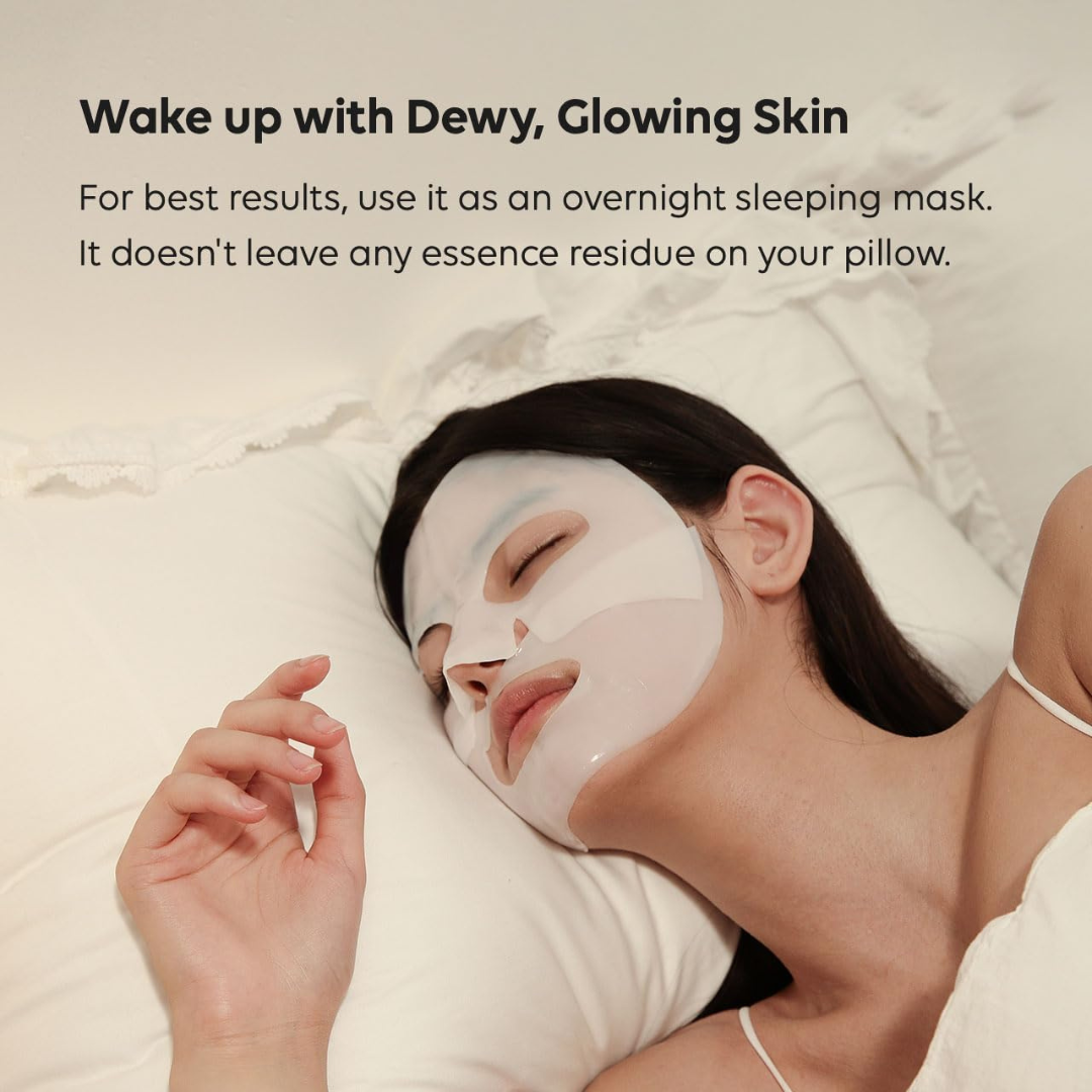 Woman lying in bed with Biodance Bio‑Collagen Real Deep Mask on, text about using it as an overnight sleeping mask.