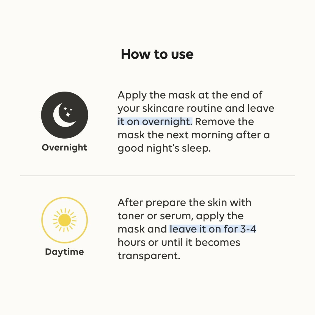 Instructions on how to use a Biodance Bio‑Collagen Real Deep Mask with icons for overnight and daytime application.