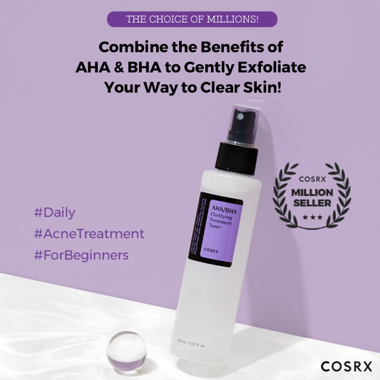 Cosrx skincare product with promotional text on a purple background. COSRX AHA/BHA Clarifying Treatment Toner