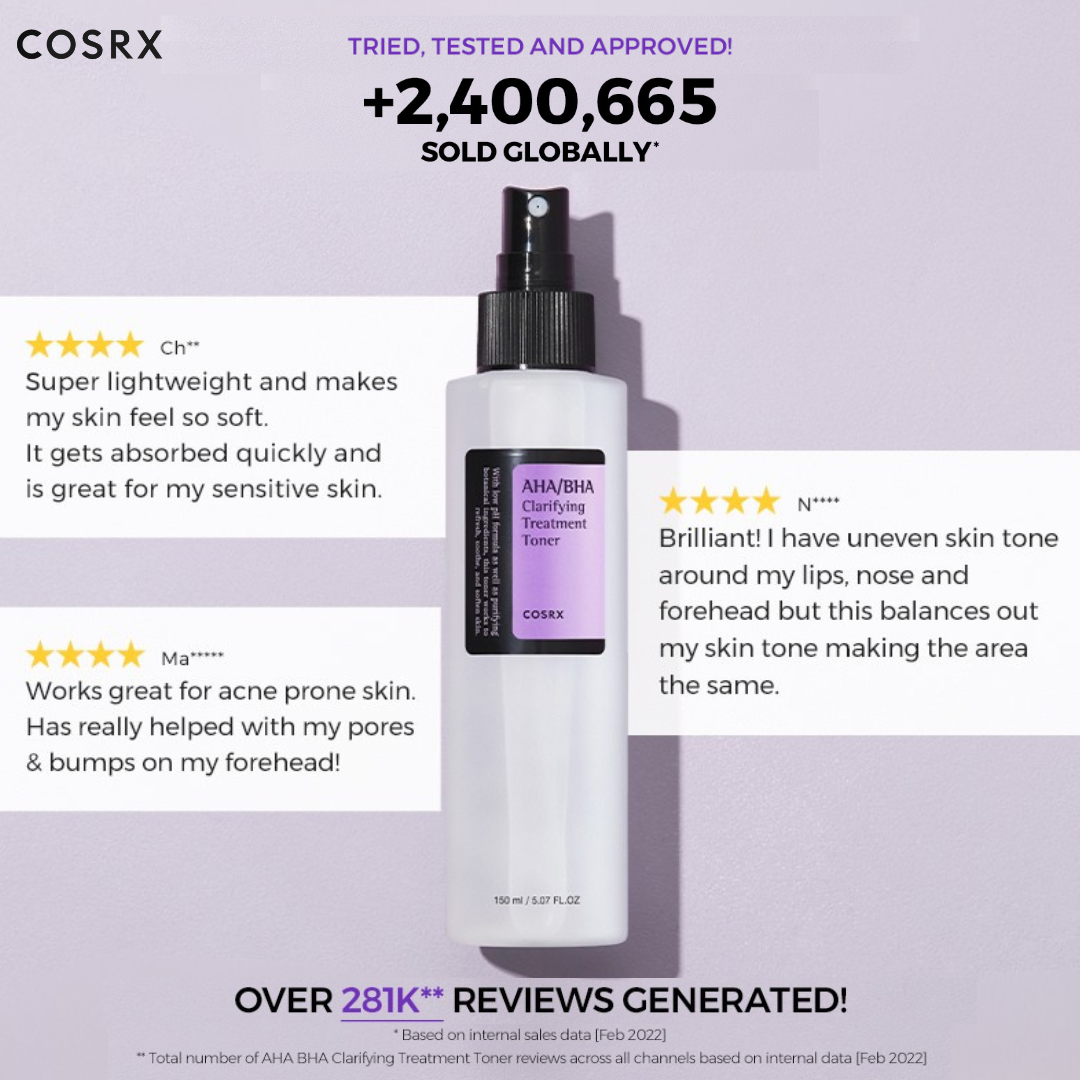 COSRX AHA/BHA Clarifying Treatment Toner with customer reviews on a purple background