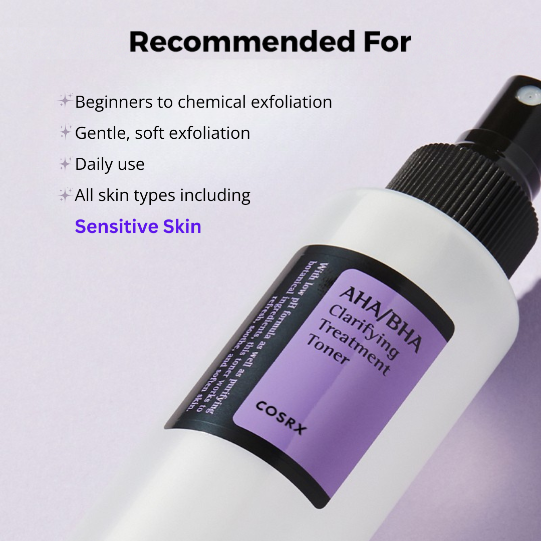 COSRX AHA/BHA Clarifying Treatment Toner bottle with text of which skin types will benefit from using the product on a light purple background