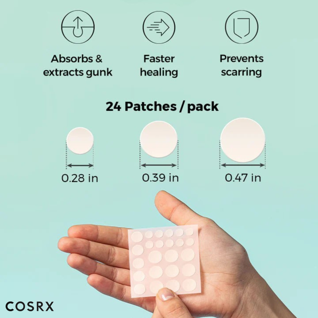 COSRX Acne Pimple Master Patch (24 Patches). Sizes of patches shown on a teal background.