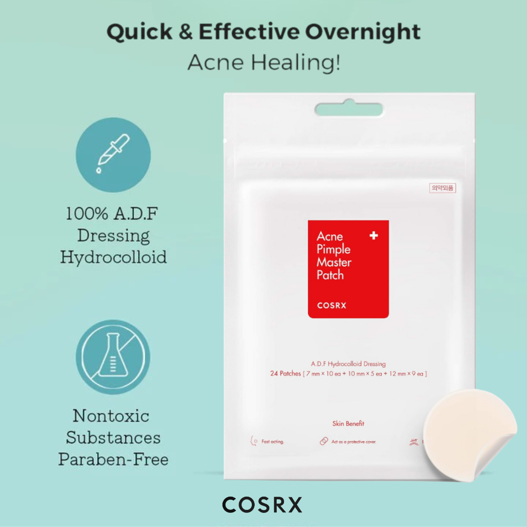 COSRX Acne Pimple Master Patch packaging with text highlighting benefits on a light blue background