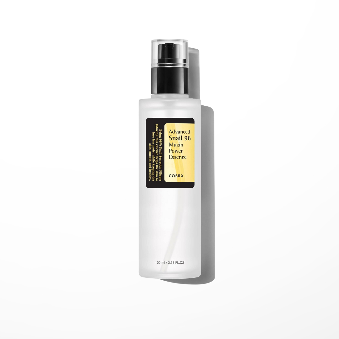 A bottle of COSRX Advanced Snail 96 Mucin Power Essence with a white label and black text, highlighting the product's benefits and the snail mucin ingredient.