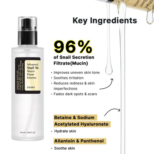 Cosrx Advanced Snail 96 Mucin Power Essence bottle with key ingredients listed on a white background
