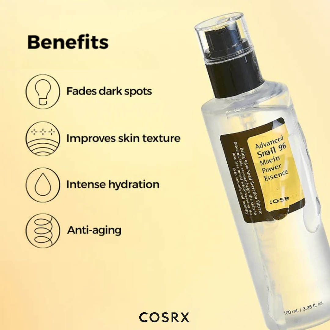COSRX Advanced Snail 96 Mucin Power Essence with benefits listed on a beige background