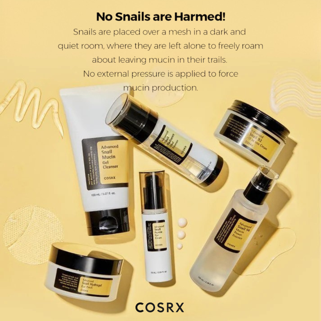Cosrx skincare products on a yellow background with text about snail mucus extraction.