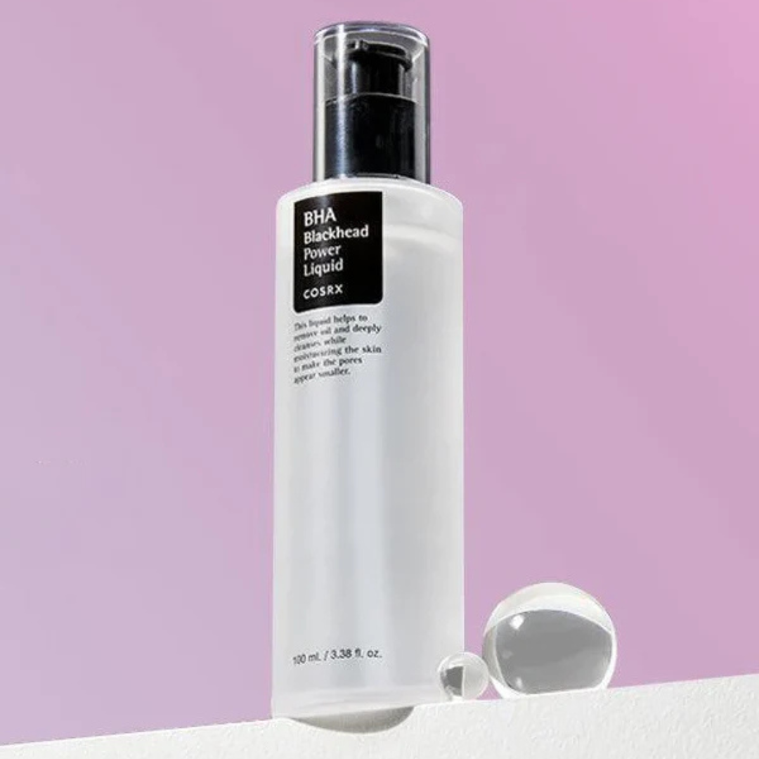 Cosrx BHA Blackhead Power Liquid bottle on a light purple background