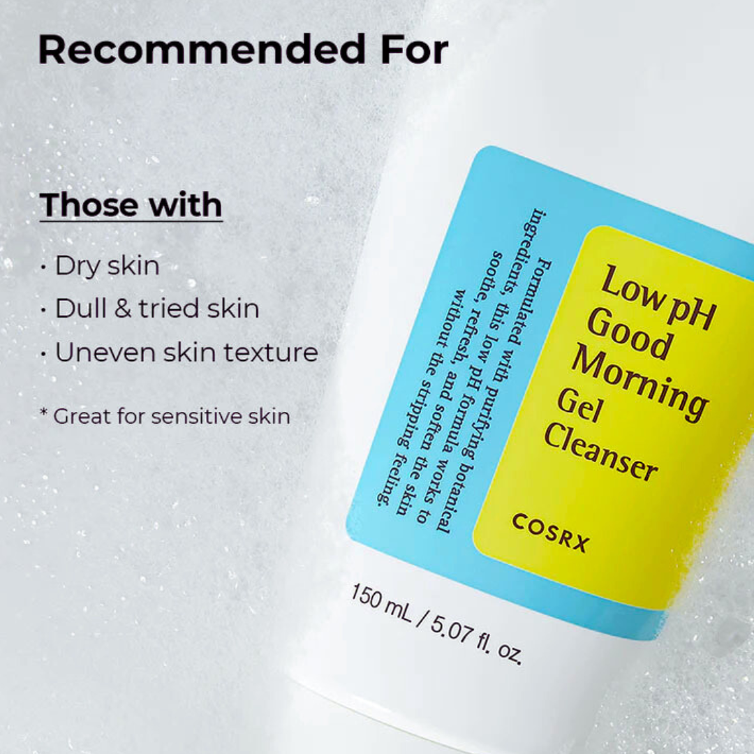 Cosrx Low pH Good Morning Gel Cleanser bottle with label on a textured white background