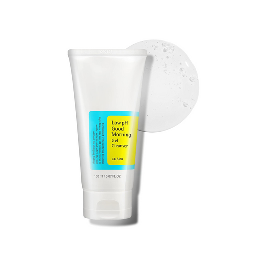 CosRX Low pH Good Morning Gel Cleanser tube with a swatch on a white background
