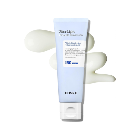 COSRX Ultra-Light Invisible Sunscreen SPF50+ PA++++ with a sunscreen smeer on a white background