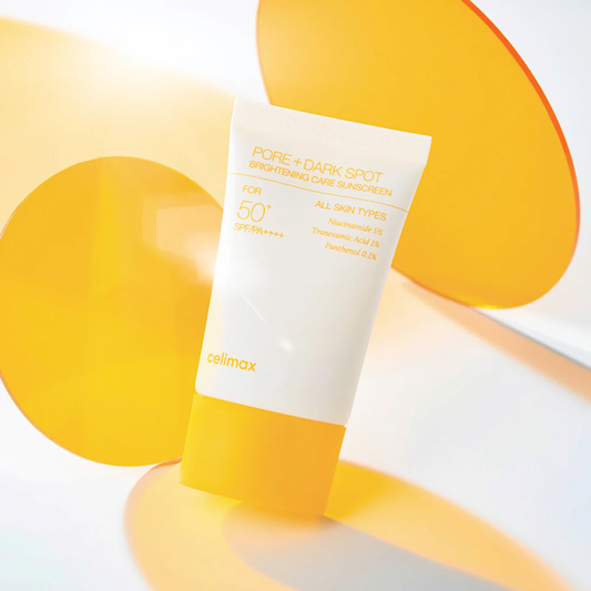 Celimax Pore+Dark Spot Brightening Care Sunscreen SPF50+ PA++++ with yellow and white design on a light background