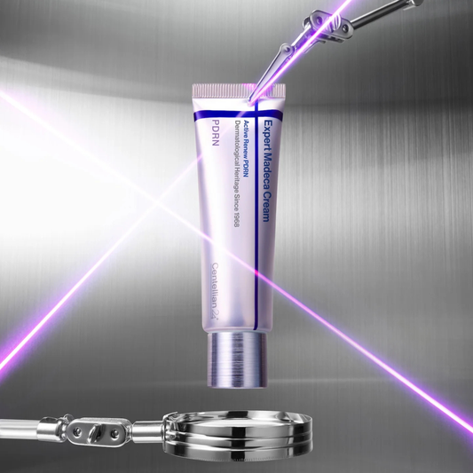 Tube of Centellian24 Expert Madeca Cream Active Renew PDRN with a magnifying glass and purple laser light on a metallic background