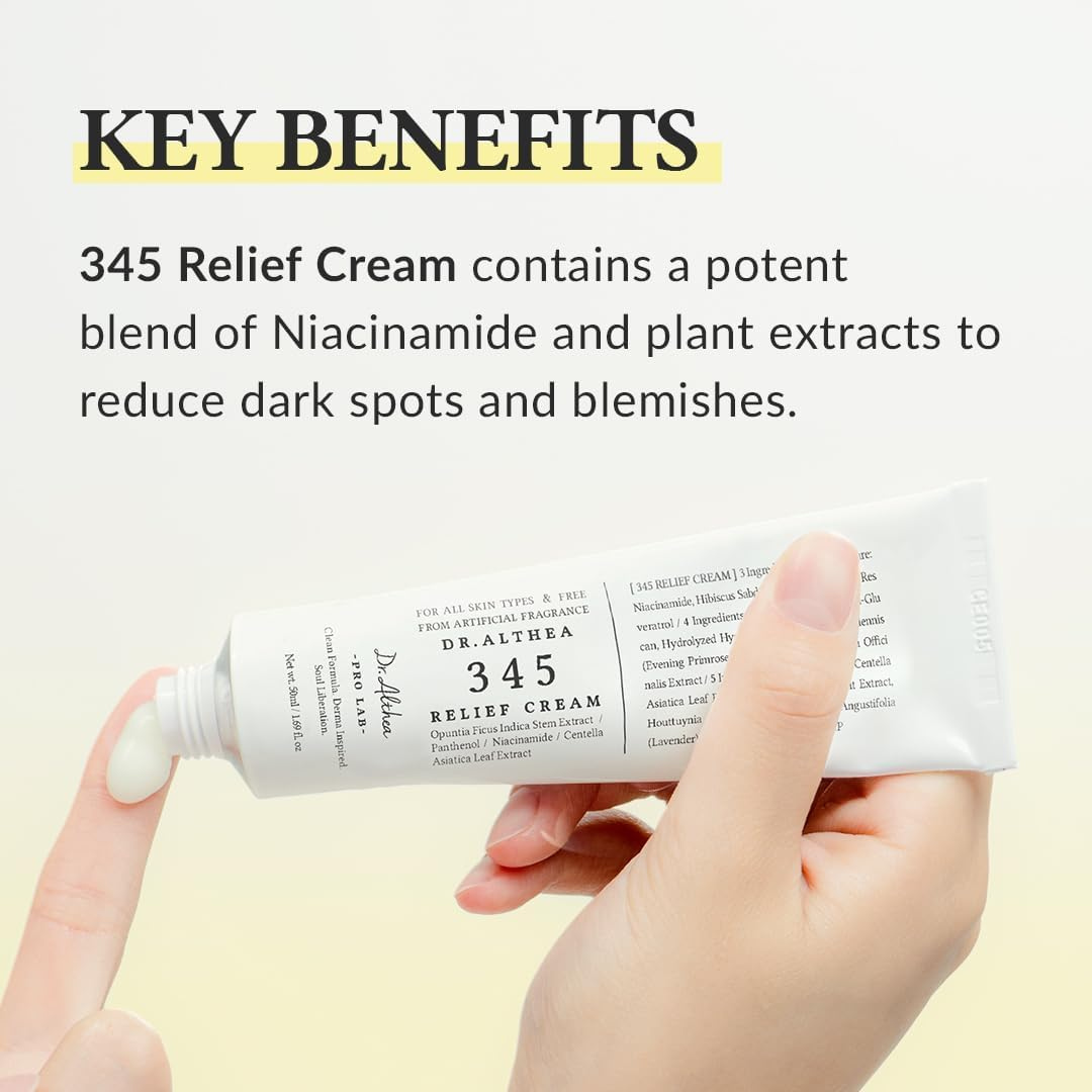 Hand holding a tube ofDr. Althea 345 Relief Cream with text about its key benefits on a light yellow background.