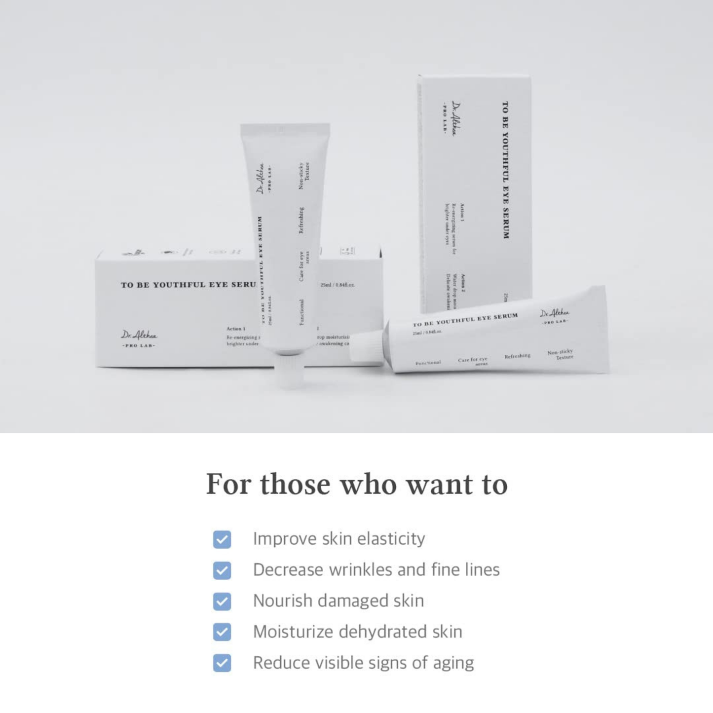 Dr. Althea To Be Youthful Eye Serums and packaging on a light gray background with text about product benefits.