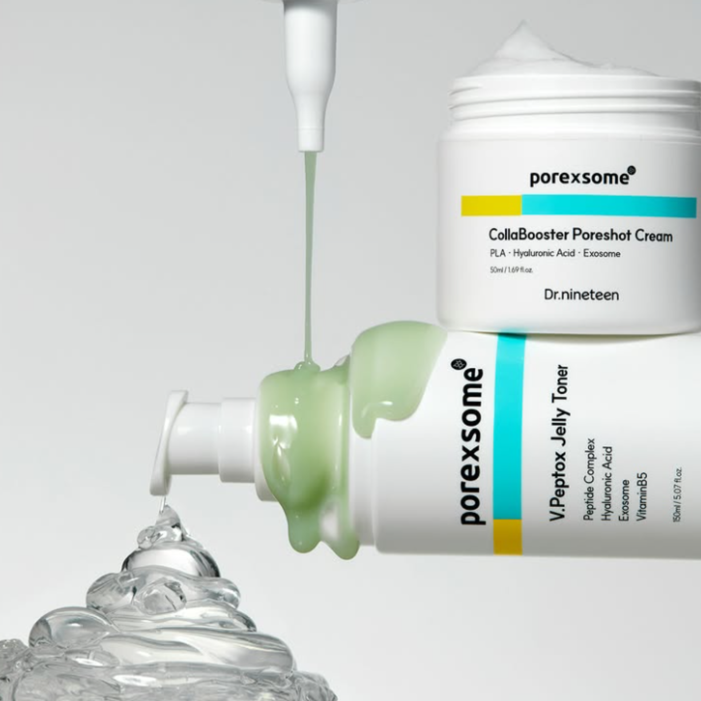 Brand image of Dr.nineteen products stacked on top of one another. The image shows the consistency and texture of the formulations