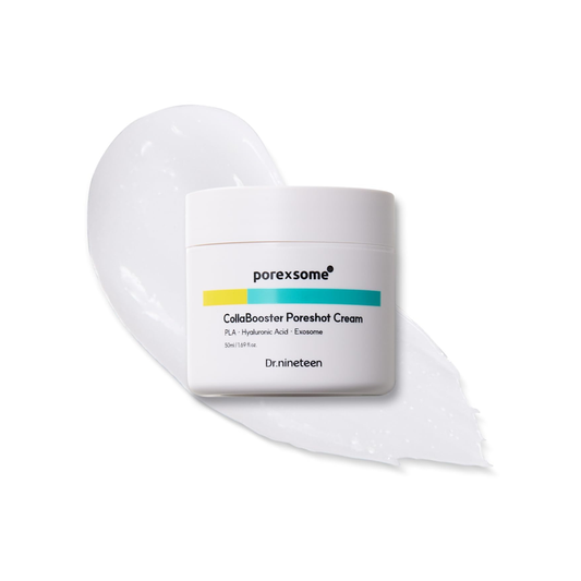 Dr.nineteen Porexosome CollaBooster Poreshot Cream with cream smear on a white background
